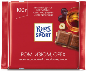 Шоколад Риттер спорт Ямайский ром, изюм, орех 100г